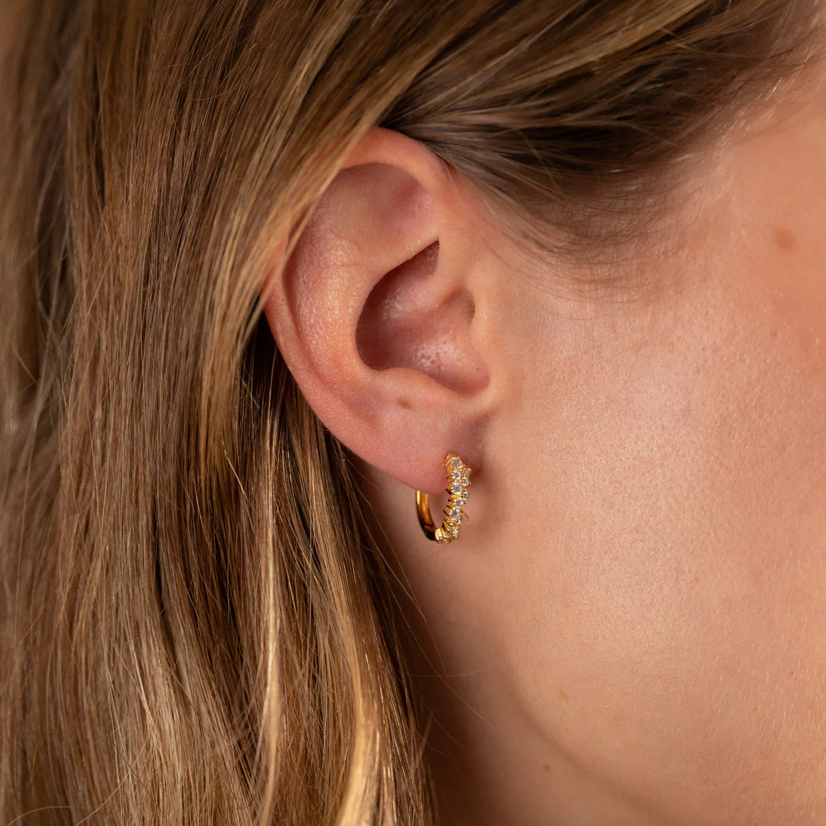 CLAIR CRYSTAL GOLDEN SMALL HUGGIE EARRING - Image 2