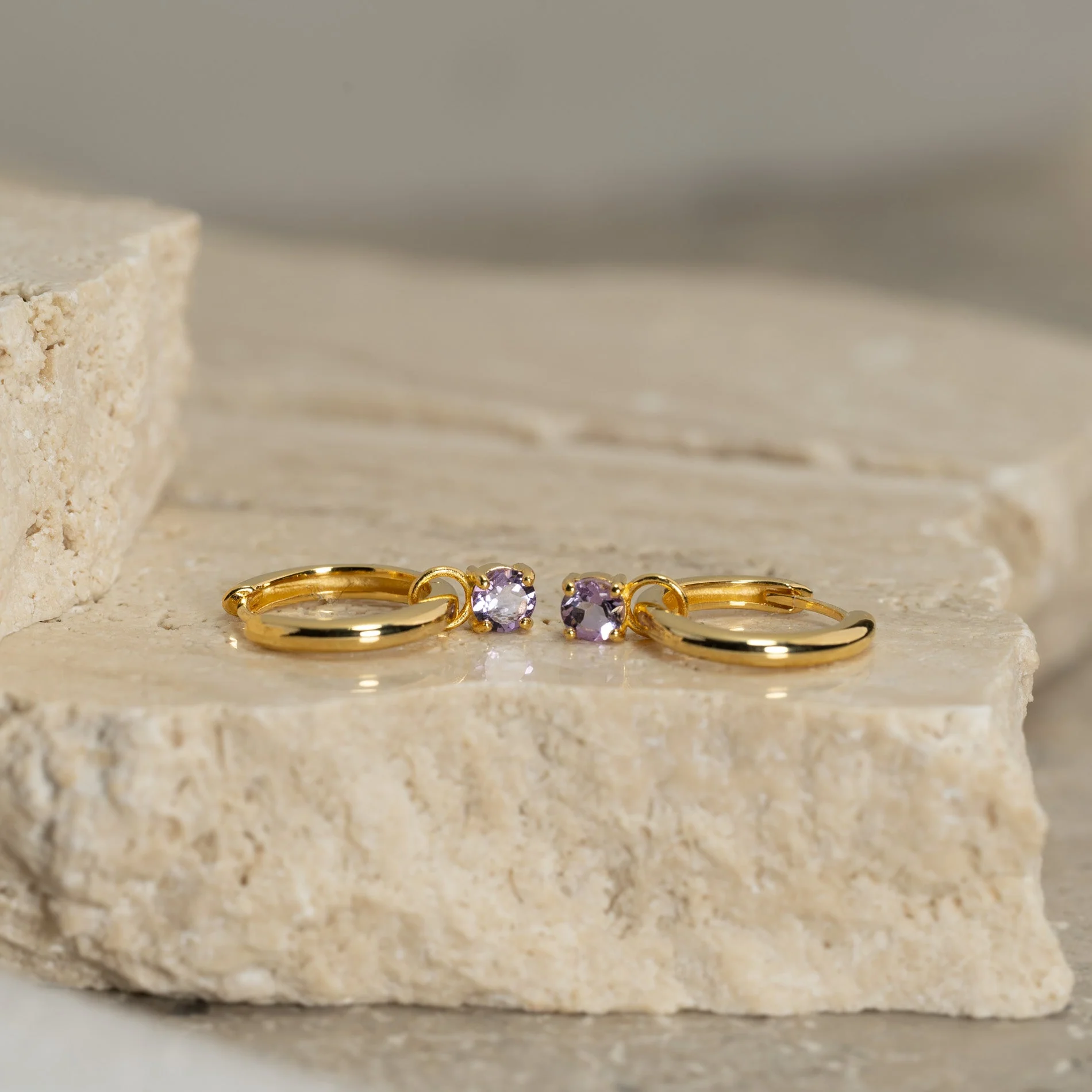 GEMMA PURPLE AMETHYST / ELINA SMALL GOLDEN CREOL EARRING - Image 5