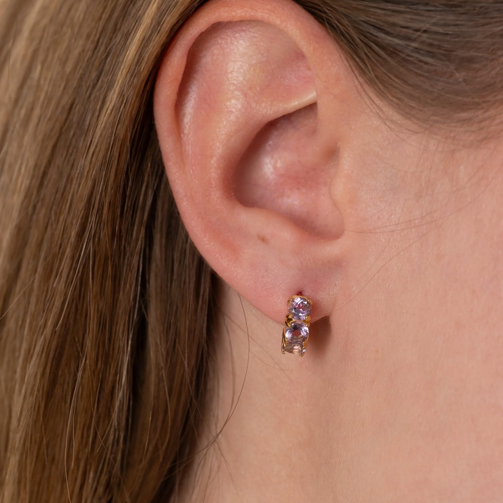 GEMMA PURPLE AMETHYST GOLDEN HUGGIE EARRING - Image 2