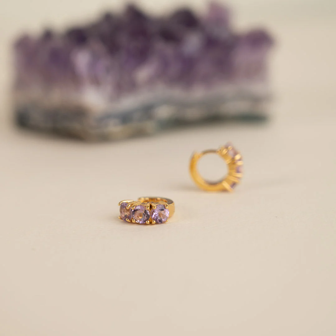 GEMMA PURPLE AMETHYST GOLDEN HUGGIE EARRING - Image 3