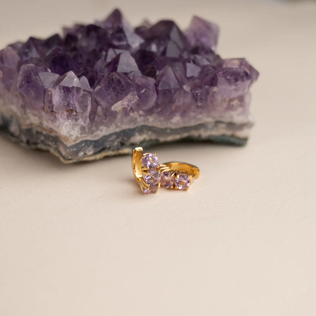 GEMMA PURPLE AMETHYST GOLDEN HUGGIE EARRING - Image 5