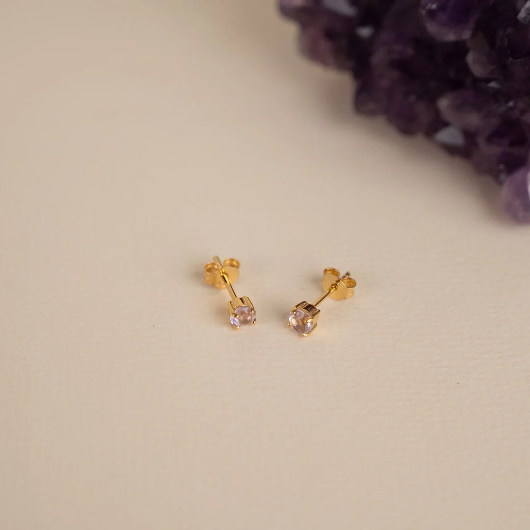 GEMMA PURPLE AMETHYST GOLDEN STUD EARRING - Image 3