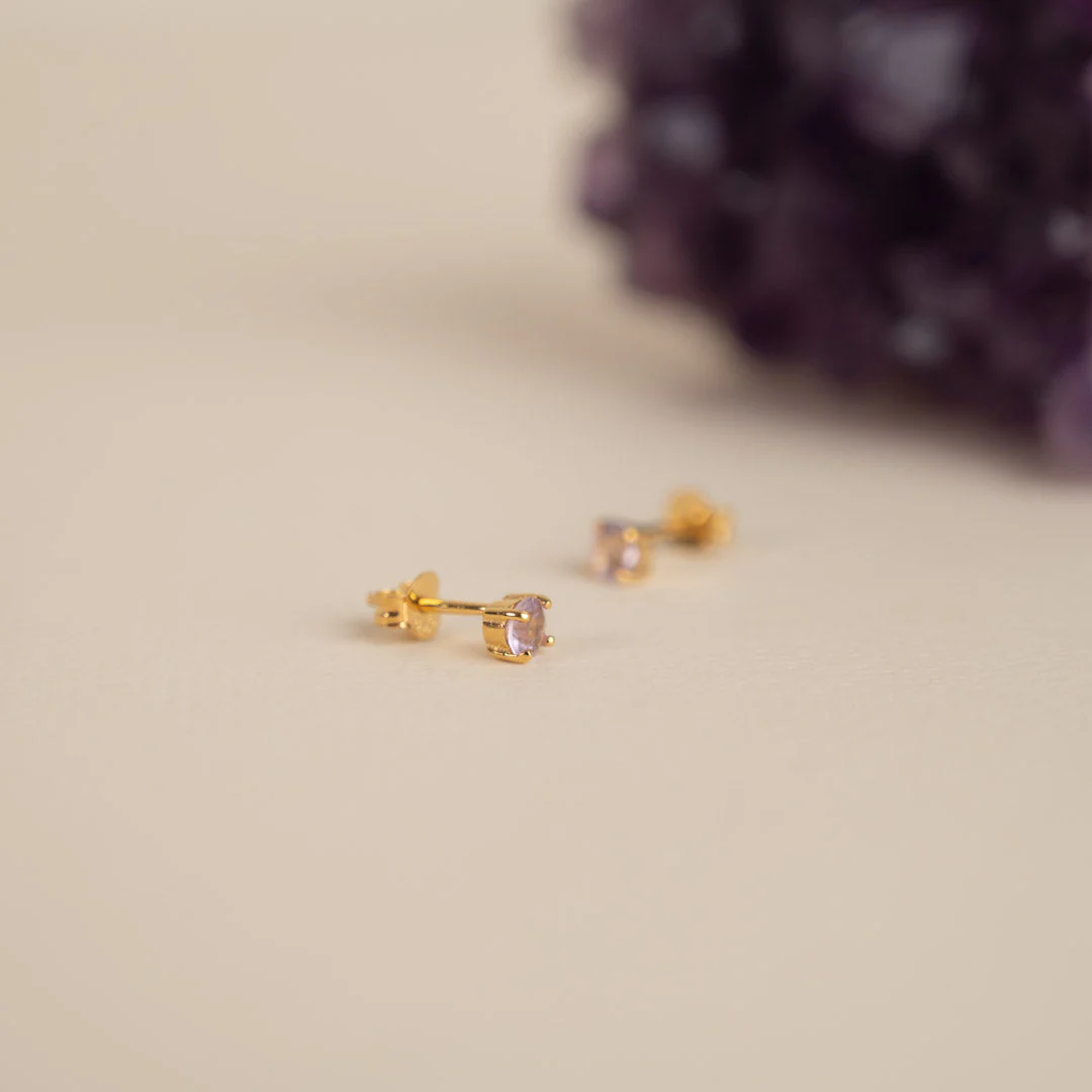 GEMMA PURPLE AMETHYST GOLDEN STUD EARRING - Image 5