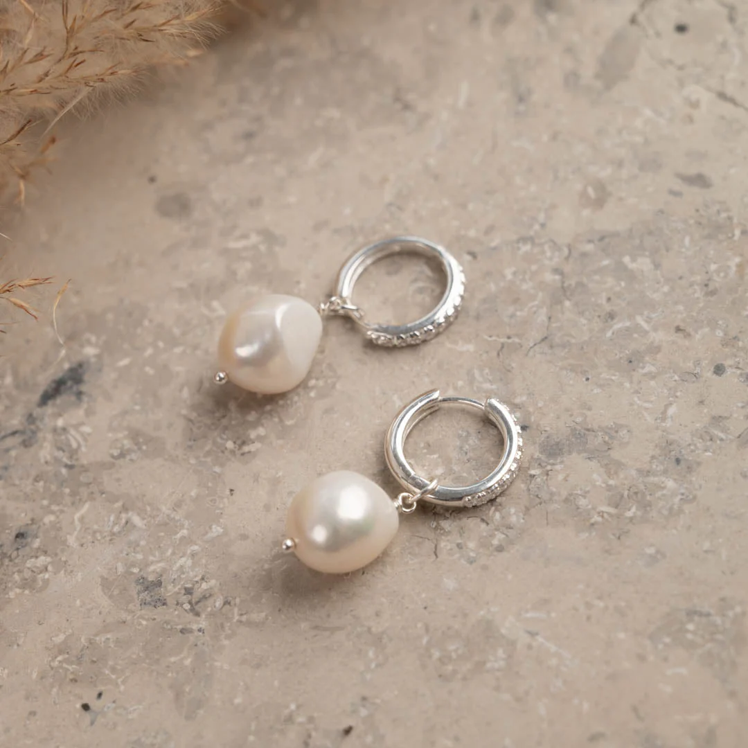 NOELLA PEARL SILVER ZIRCONIA CREOL EARRING - Image 3