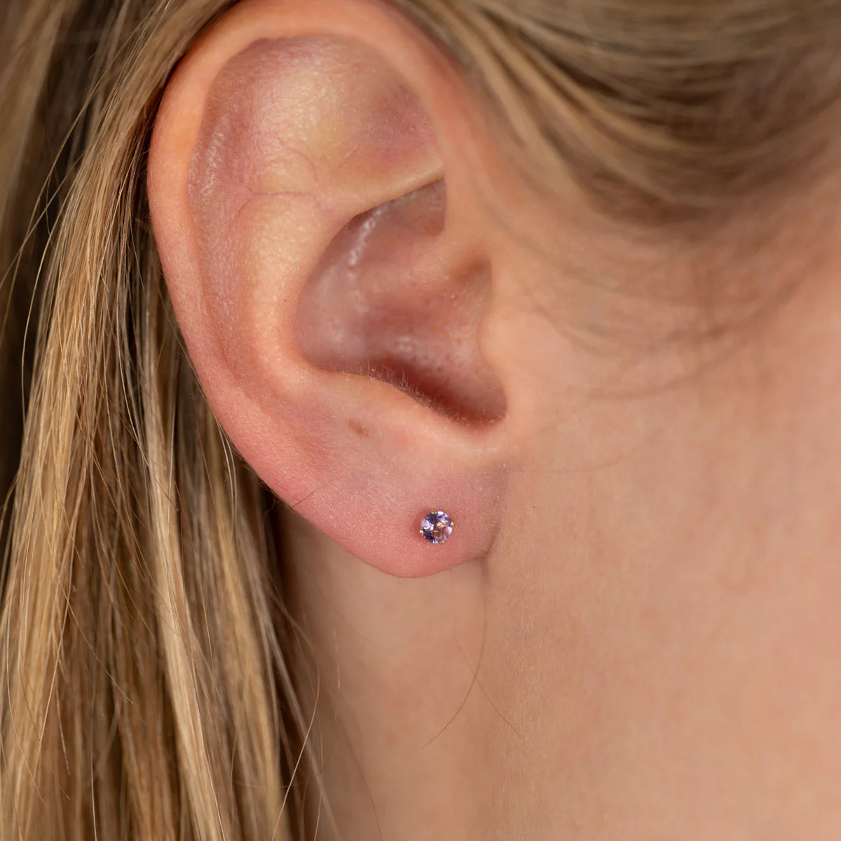 SOLEY PURPLE AMETHYST SOLID GOLD STUD EARRING - Image 2