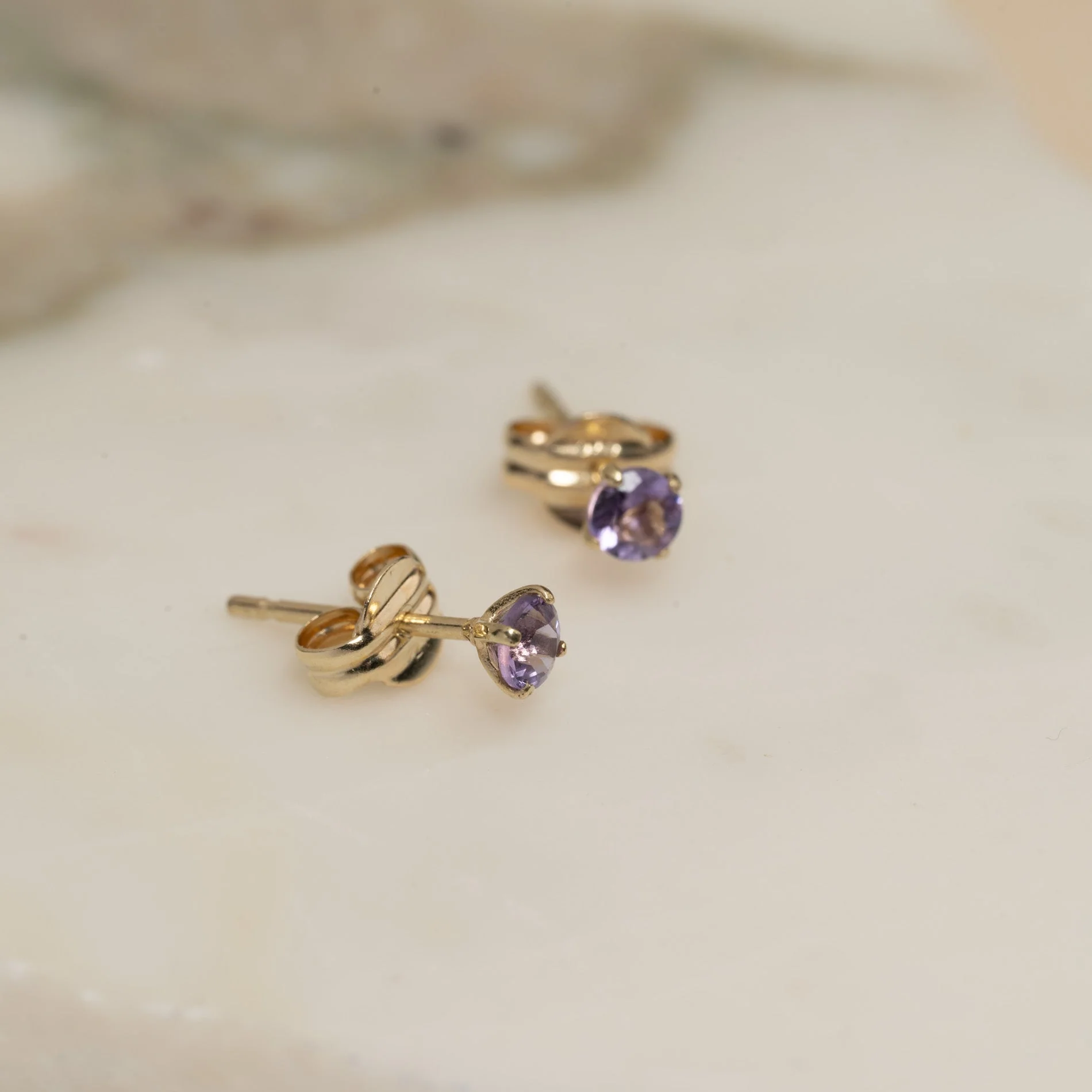 SOLEY PURPLE AMETHYST SOLID GOLD STUD EARRING - Image 5